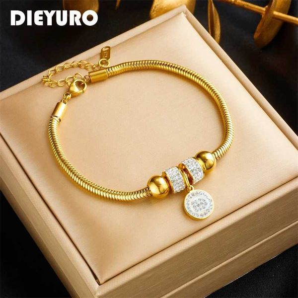 Chain dieyuro 316l aço inoxidável redondo shinestone charme pulseira adequada para meninas New Trend Snake Chain Non Fadjewelry Gift Party J240508