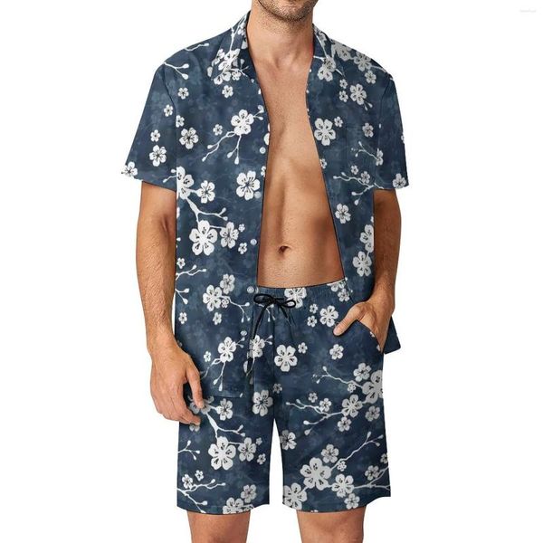 Herren Tracksuits Blue Fower Print Männer Sets Cherry Blossom Streetwear Casual Shirt Set Kurzärmler Custom Shorts Sommer Urlaubsanzug 2xl