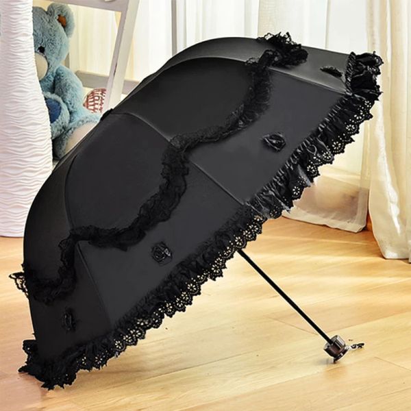 Ausrüstung Spitze Blume Frauen Sonne Parasol Sonnenschutz tragbare kompakte schwarze Beschichtung Anti -UV -Regen Regenmädchen Prinzessin Sonnenschirme Vintage Vintage