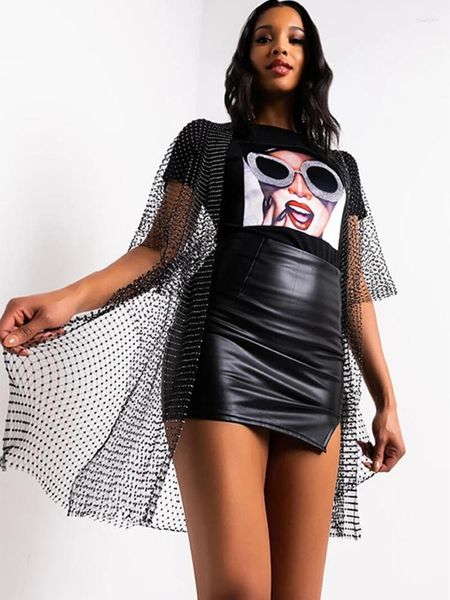 Mulheres Mesh Diamonds Biquíni encobrir Sexy Hollow Out See através da Fishnet Rhinestone T-Shirt Coat Party Shawl Cardigans