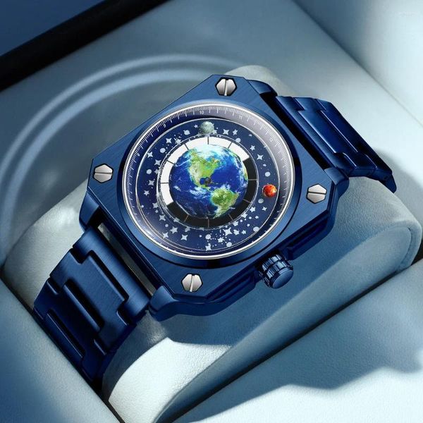 Нарученные часы вращающиеся в стиле Земля Человек Смотрение голубой планеты творческие червоточины кварцевые наручные часы концепция мода Случайный бизнес для мужчин