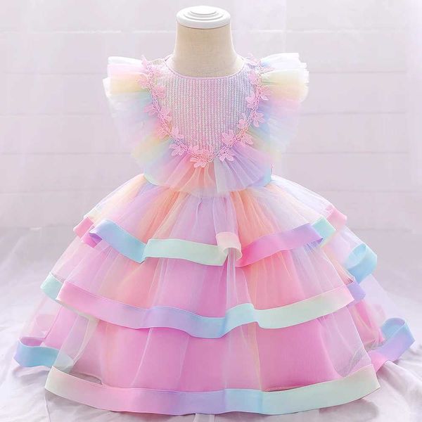 Платье девушки детские девочки цветочное платье радуга русалка первое день рождения