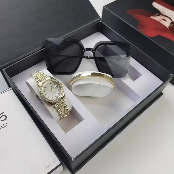 Nova pulseira, óculos, relógio Set Set Box Luxury Feminino Diário Feminino Designer Designer à prova d'água Tabela automática Tabela de sol feminino Timer de luxo Pacote de caixa de presente de luxo