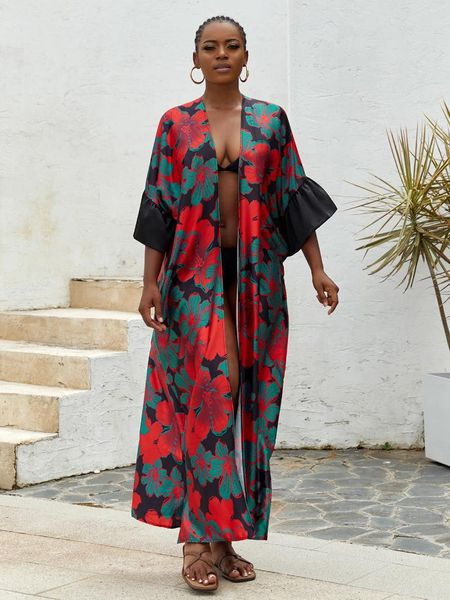 Sommer -Strickjacke für Frauen Leichtes Satin Open Front Long Kimono Badeanzug Deck ups Silkrobe Plus Size
