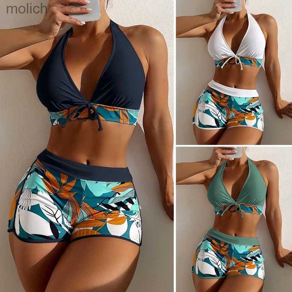 Suspenseiro sexy feminino Suspensão de biquíni maiô feminino impressão floral de cintura alta com shorts de boxe Brasileiro de maiô de praia verão 2024 WX