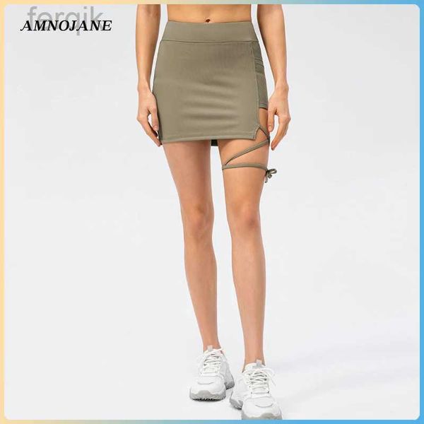 Saias Skorts Tennis Sports Skirt Fitness Scorts Running para mulheres Gym Badminton Sexy Lace Up Slim Fit Fit Tight Ribbed Skirt com bolso D240508