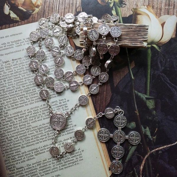 Цепи серебряный цвет бенедикт подвесное ожерелье для женщин Розары Бусины Религиозные католические молитвы
