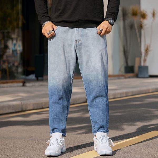 Plus Size Size Men Gradiente de perna larga larlan jeans casual pai calça cortada e calça gorda