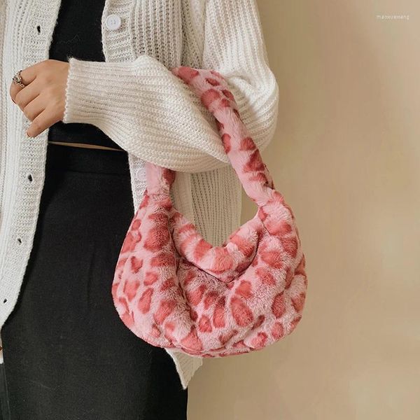 Sacchetti da sera Plush di leopardo rosa per donne 2024 morbido soffice borsa soffice pelliccia di design di lusso pelliccia spalla pelliccia