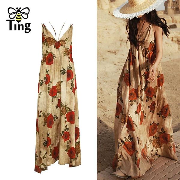 Abiti casual Tingfly Donne Summer Print Flower Strap V Neck Bohémien Maxi Long Dress Lady Day Holiday Beach Style Dresses