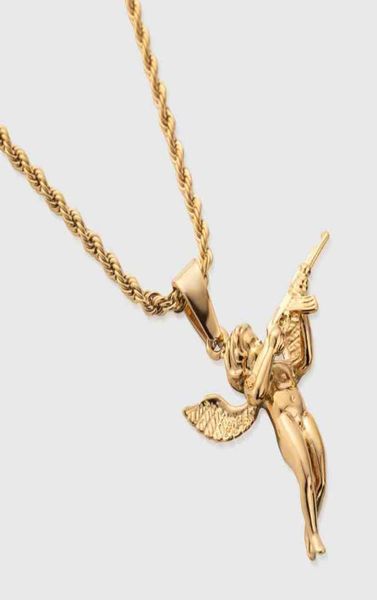 HIPHOPS MEN CUPEIDOS DE JOIXOS PENENTE PENENTE 18K CANTA DE CORAÇÃO DE OURO 316L STANAINLS AÇO 3D Angel com colar de armas A232899519