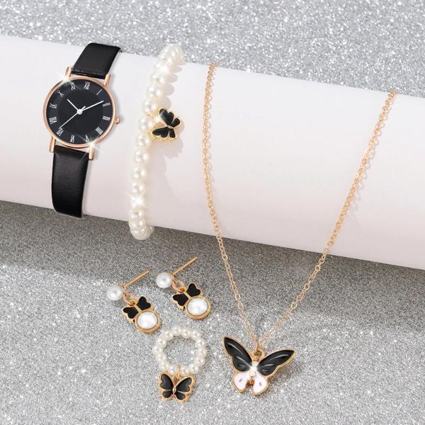 Armbanduhr 6 Stcs/Set Schwarze Frauen sehen römische Zifferblatt Quarzhandschuhe Lederband Butterfly Pearl Jewelry Set Gift für sie