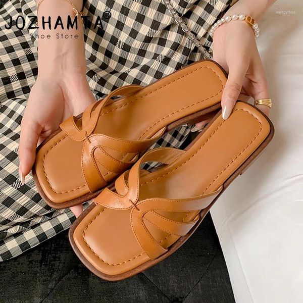 Sapatos casuais jozhamta tamanho 34-40 mulheres deslizam sandálias de couro genuíno salto baixo salto de verão praia home slippers externo