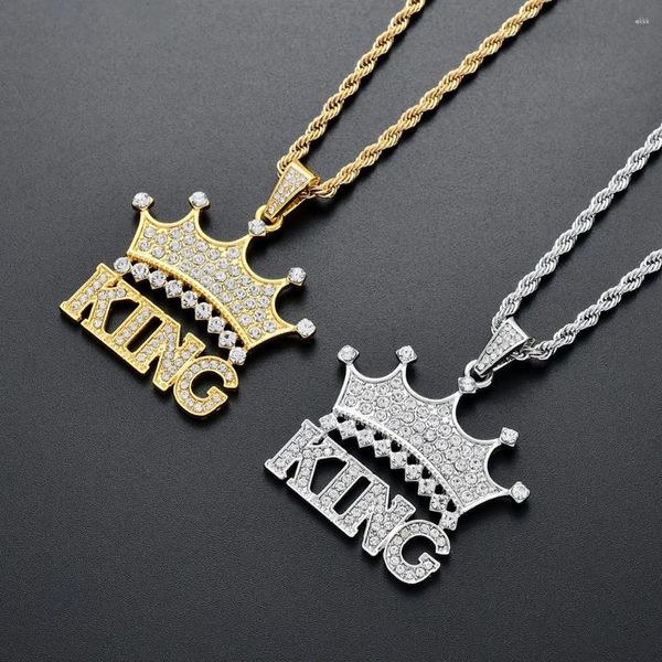 Anhänger Halsketten vereisere Bling King Crown Anhänger mit Drehketten Kupfermaterial Kubikzircon Männer Hip Hop Schmuck Geschenk für Männer