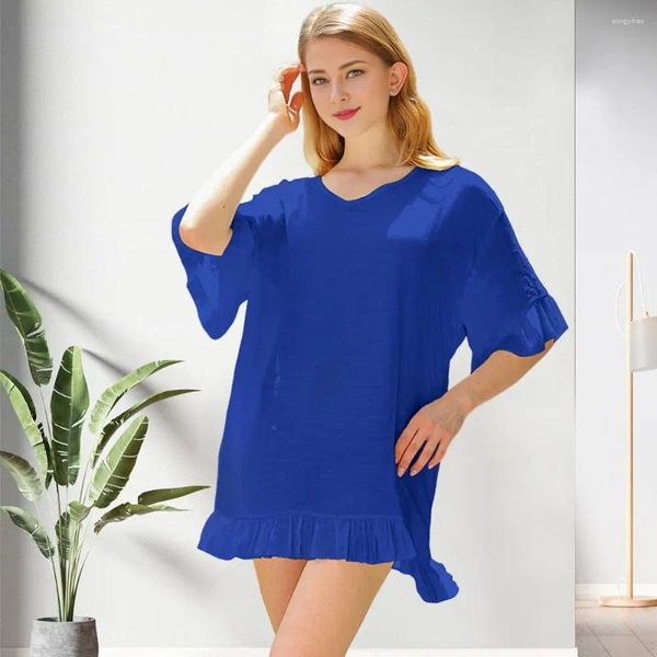 Damenblusen Resort Style Bikini Cover-up-Shirt Stilvolle V-Ausschnitt Rüschenverkleidung Rückenfreie Schnürsonne für sie