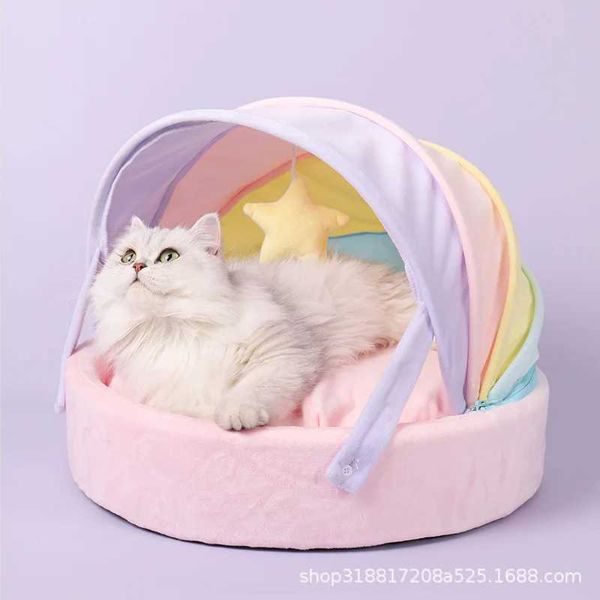 Letti per gatti mobili case di gatto letto carino letto gatto tenda arcobaleno cognello cognello inverno inverno caldo nido di gatto profondo comodo casa gatto traspirante D240508