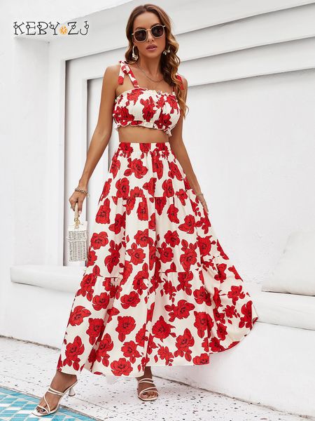 KEBY ZJ Bohemia Swimsuit Crop Tops Set di abiti per donne Summer Two pezzi Skirt Beach Vacano Floral Stampa Maxi Skirt Boho Set 240423