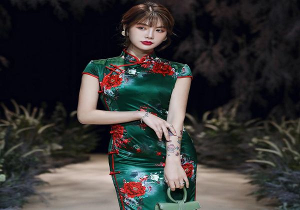 S5XL Women039s китайские платья QIPAO Summer Oriental Cheongsam Chipao Long Silk High Fashion Green Rayon Элегантное вечернее платье1354687