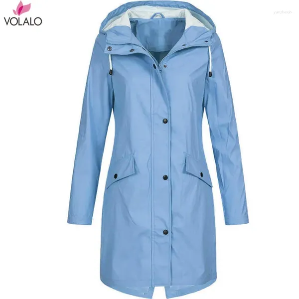 Jackets femininos Volalo 5xl Coat moda moda jounta de chuva sólida com capuz ao ar livre casacos longos e com casacos longos sobretudo