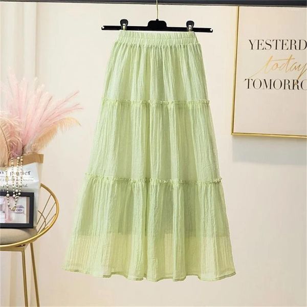 Юбки 2024 Корейская высокая талия по возрасту снижения элегантной женской юбки моды мода Сладкое длинное зеленое лето