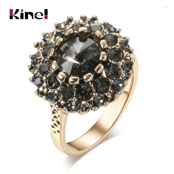 Кластерные кольца Kinel Luxury Vintage Ring Antique Gold Boho Grey Crystal Wedding для женщин ювелирные изделия Bague Femme 2024