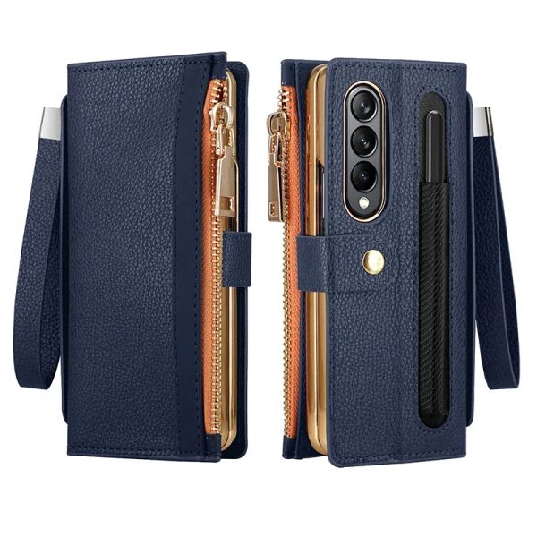 Casos Caixa de carteira de couro para Samsung Galaxy Z Fold 4 3 2 5g zfold4 zfled3 zfold2 zfold5 com caneta caneta zíper capa com zíper