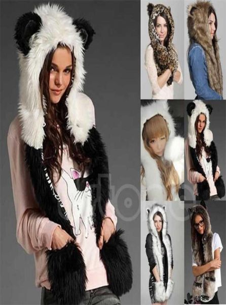 Winter Faux Fur Hood Capuz de animais Capéu de chapéu de desenho animado Chapéus de pelúcia com patas de cachecol conjunto de tampas quentes grisões desenho animado panda lobo chapéu 22011311827713