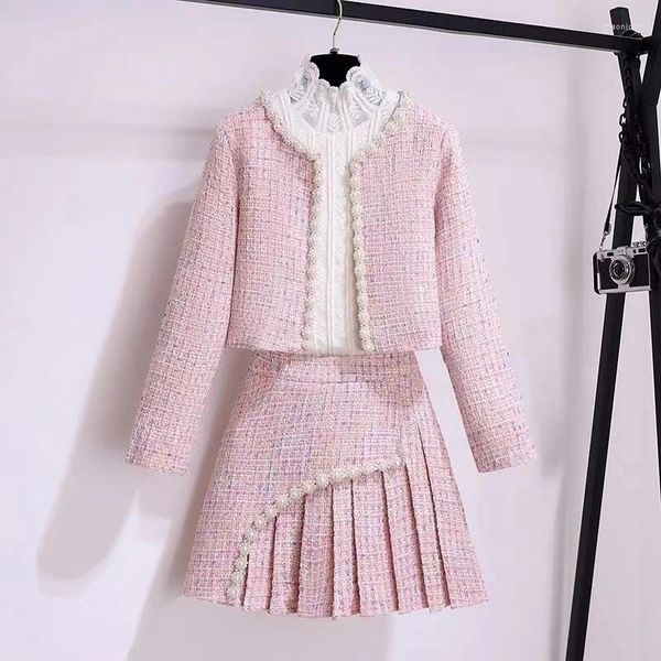 Vestidos de trabalho mulheres tweed y2k terno rosa pérola jacke casaco e saia de três peças