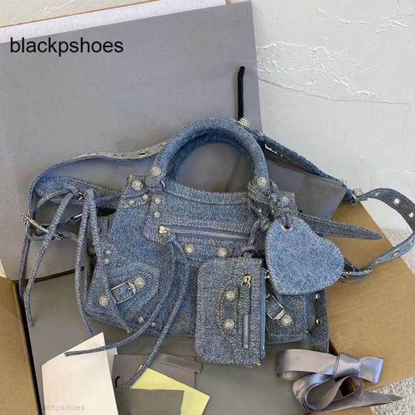 Balencig Le Cagole Neo Bag City motocicleta mais recente jeans azul shinestone hardware de prata antigo bolsa de ombro único removível espelho cardioide Locomotiva Tote JFCF