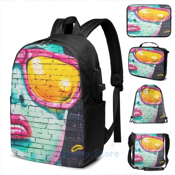 Backpack lustige grafische Print Graffiti Chic Art USB -Ladung Männer Schultaschen Frauen Bag Travel Laptop