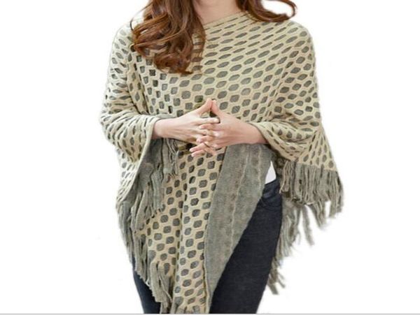 Autunno estate lunghe poncho e mantese donne eleganti a maglia poncho nappelle a v al collo delle nacche di poncho da donna maglioni da donna 9497299