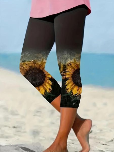 Leggings femininas Plus Size All-temporada Impressão de girassol Comfort Stretch Capri floral elegante e elegante
