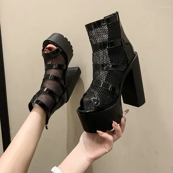 Botas pretas de 14 cm de altura sandálias góticas peep dedo zíper tornozelo mulheres respiráveis malha de verão à prova d'água bota de plataforma