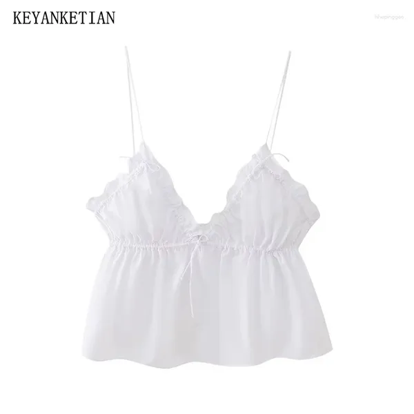 Tanques femininos keyanketian 2024 lançar laço de arco Up decoração em videira vil spaghetti coletes de colheita de verão traseiro de camisola branco top