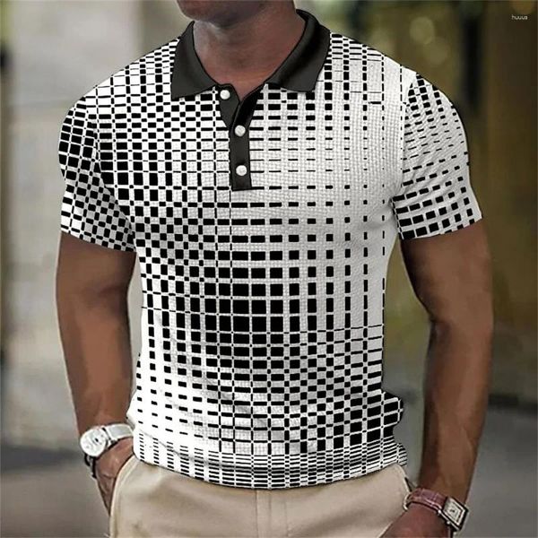 Männer Polos 2024 Einfacher Plaid 3D Digitaldruckgeschäft Casual Short Sleeve Revers Polo Shirt