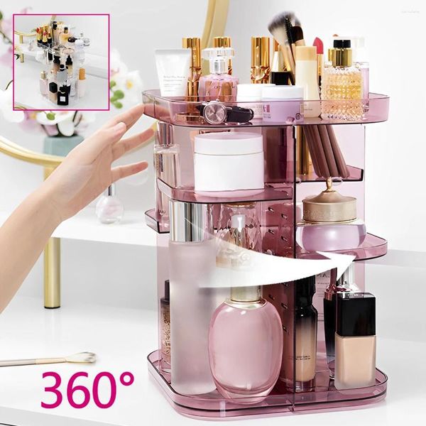 Aufbewahrungsboxen 360 ° rotierender Make -up -Organizer Großkapazität Kosmetischer Anzeigeständer einstellbarer Schmucktaschenhülsen