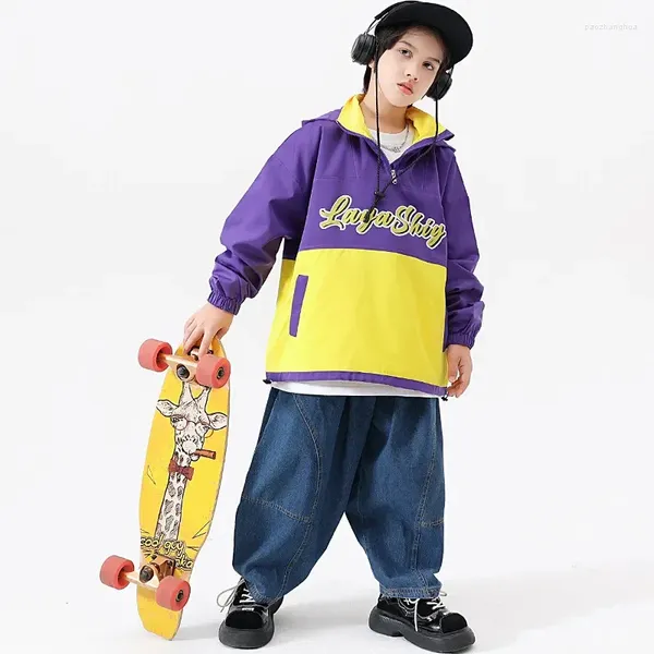 Kleidung Sets Boy Kleidung Hip Hop Jazz Tanzpraxis Kostüm Urban Kinder Brief Patchwork mit Kapuze mit Kapuze mit Top Jeans Bühne Laufsteg Performance Kee