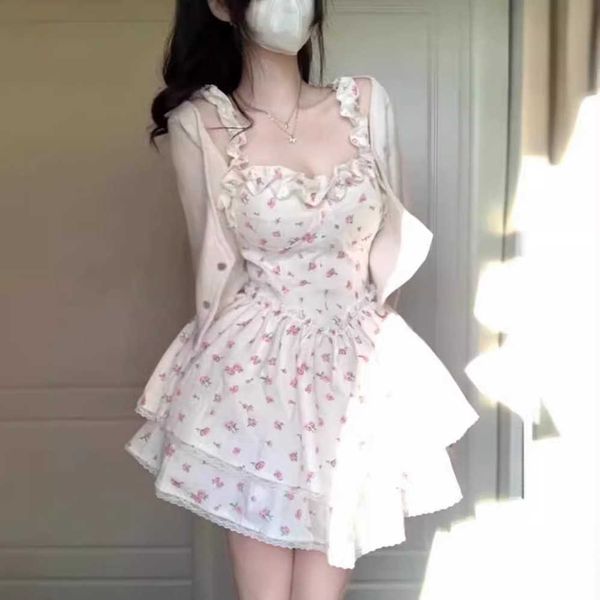 Vestido de camisola floral branca de estilo francês para feminino verão nova garota pica