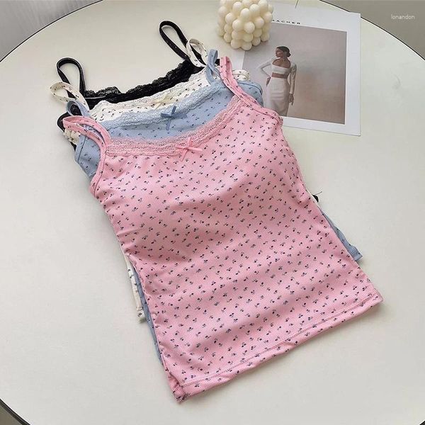 Frauen Tanks Sommer niedlicher Bogen Außenbezirk Blumenerte Top Frauen Patchwork Lace Tank All-Match Slim Rückenless Simple Camis mit Bra Pad