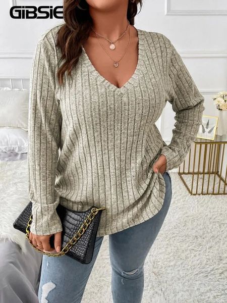 Gibsie Plus Size Fomen Casual Vneck с длинным рукавом футболка 2023 Весенняя осенняя мода Свободные вязаные вершины для женщин 240426