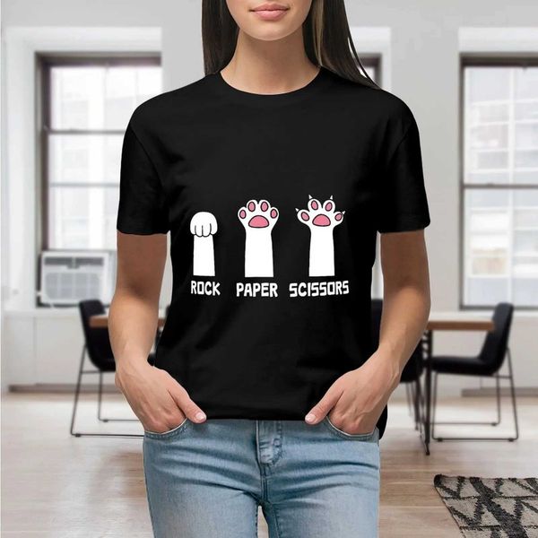 Camiseta feminina Funny Cat Rock Papel Rock Scissors Hand Jogo de mão de pata de pata fofa camisa gráfica camisa gráfica casual slived feminino T Tamanho da camiseta S-4xl Y240506
