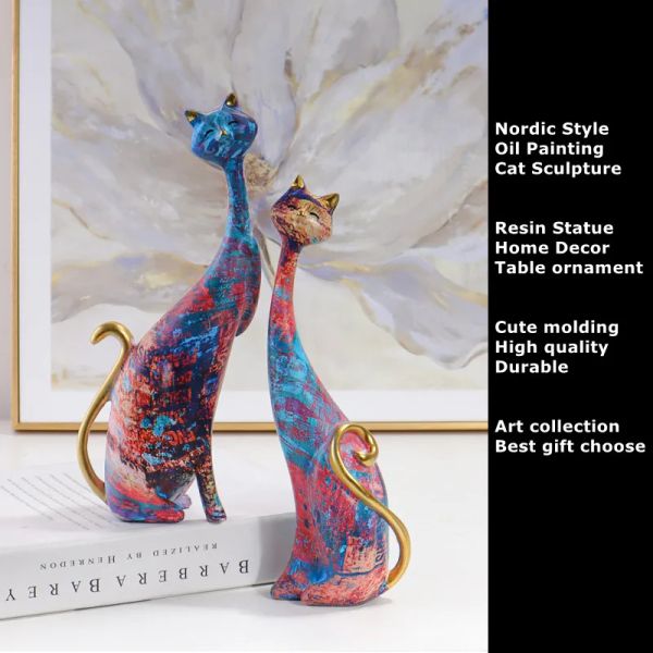 Skulpturen 2pcs Ölmalerei Katzenstatue Wohnkultur Graffiti -Katzen Tier Skulptur moderne Design Figuriner europäischer Stilzubehör Accessoires