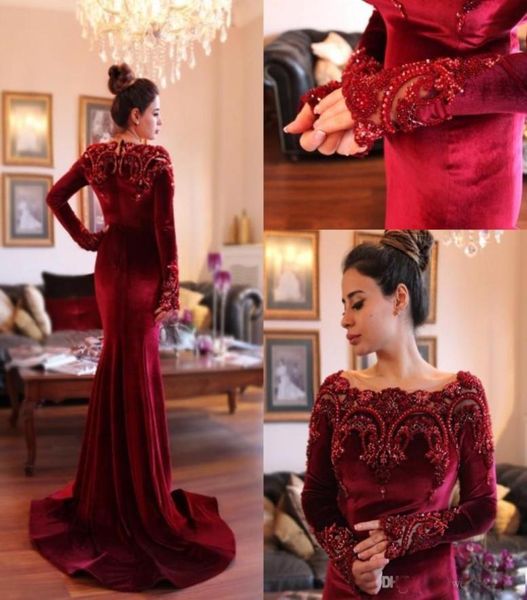 2019 Wunderschöne Burgundy Dubai Muslim Abendkleider Velvet Langarmes Luxus Perlen Spitze Arabisch Islamische Abaya mermaid prom part7273048