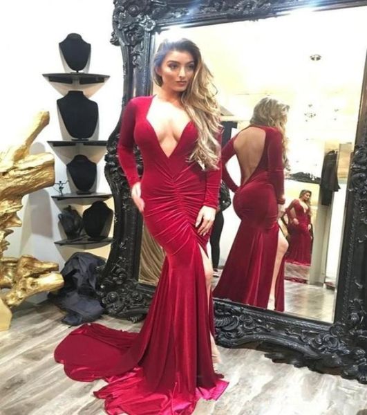 Deep V Neck Sexy Front Split Mermaid Adtres Dresses Velvet Long Maniche aperti Abiti da sera della tromba posteriore3019395