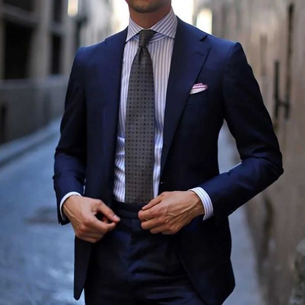 Abitazioni maschili Blazer giacca di lusso da uomo aperta collare a singolo torace slim fit eleganti tenore navy blu pantaloni a due pezzi ropa hombre q240507