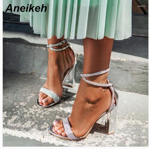 Sandálias Aneikeh Silver Lace-up Bling Crystal Sexy Mulheres Quadras Strapão de fivela Gladiador 10,5 cm Bombas de casamento Sapatos moda