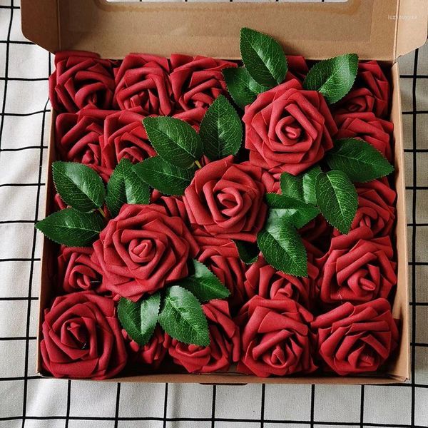 Dekorative Blumen Geschenkbox 8cm Rose Simulation Blattgürtelstange 25 verpackte PE -Kopf 25pc Künstliche Pflanzen für Outdoor