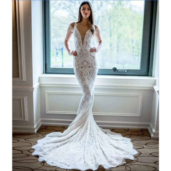 Applique Full кружева Sexy v Mermaid Deep Neck Country Sure Bridal Plowers на заказ