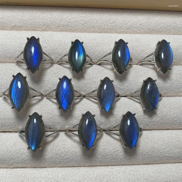 Anelli a grappolo pulito Bramo nero naturale Labradorite per donne 10x20mm perline per occhi di cavallo Ghishing Full Blue Light Ring 925 Silver