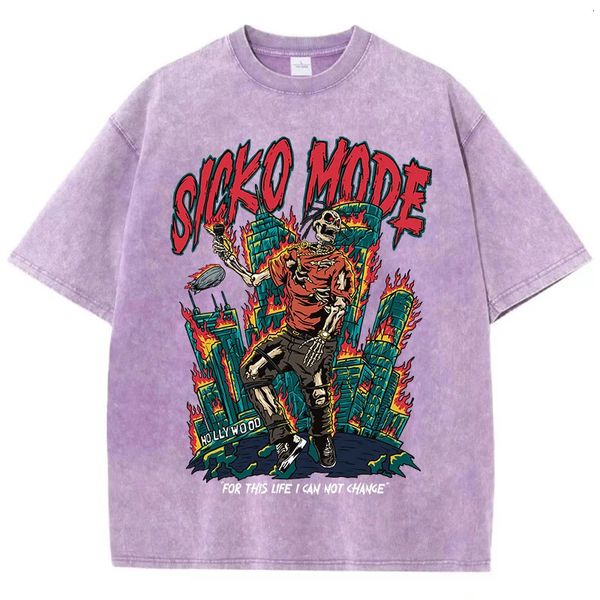 Американская винтажная футболка мужчина модная уличная одежда вымыта старая хлопковая уличная одежда скелета Graphic Tshirts Fashion Tshirt 240507